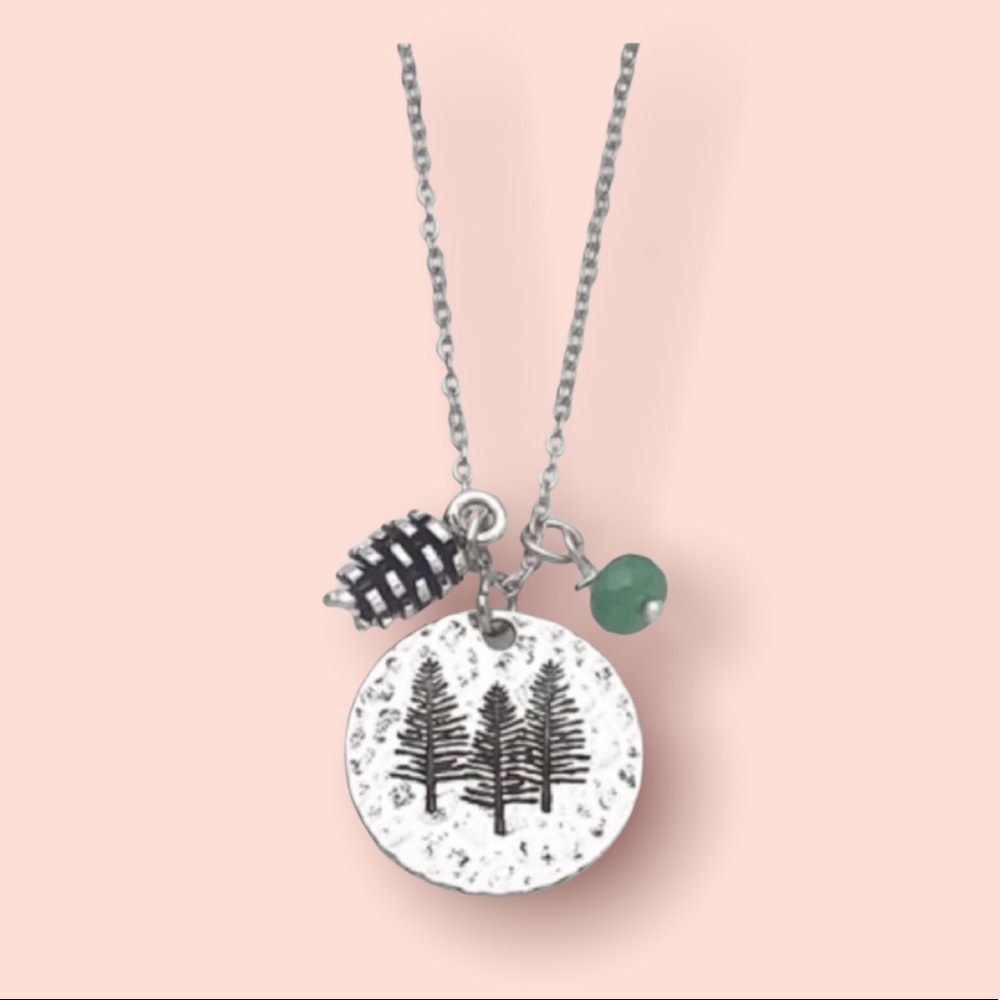 Triple Pine Tree Necklace • Jade Green Bead • Antique Finish Pine Cone